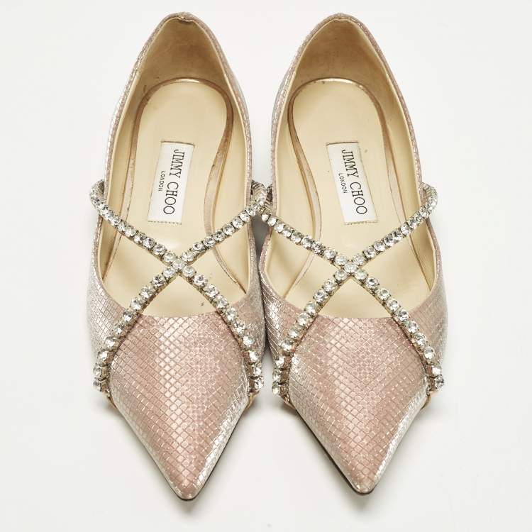 Pre Owned Jimmy Choo Genevi Size 39 Beige Glitter Crystal Embellished Ballet Flats