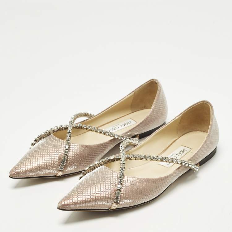 Pre Owned Jimmy Choo Genevi Size 39 Beige Glitter Crystal Embellished Ballet Flats