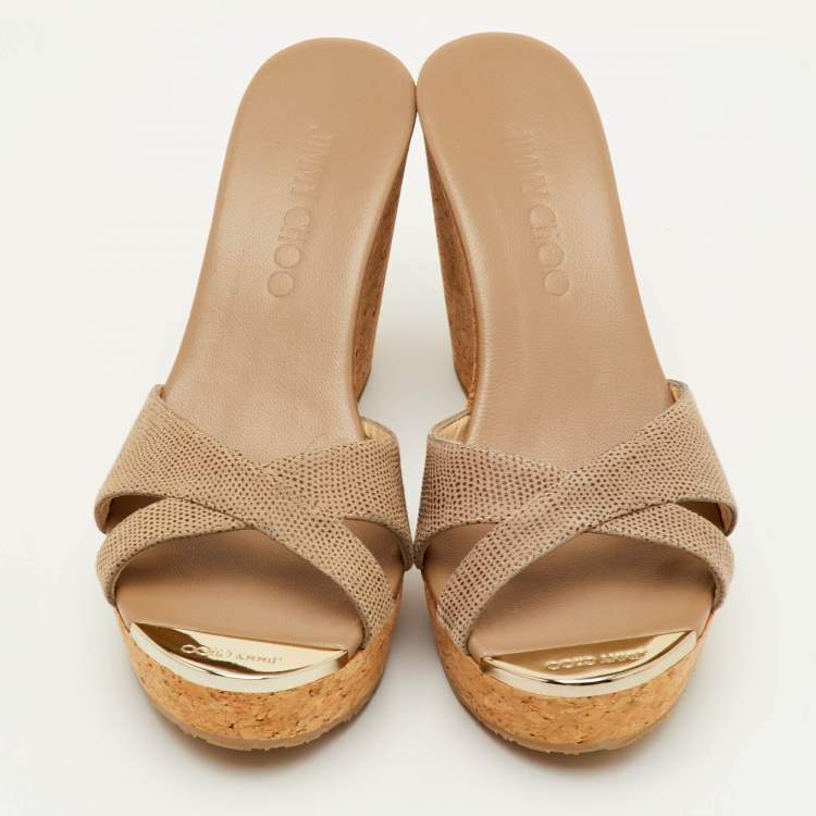 مملوكة مسبقًا Jimmy Choo Size 36 Brown Leather Cork Platform Wedge Slide Sandals