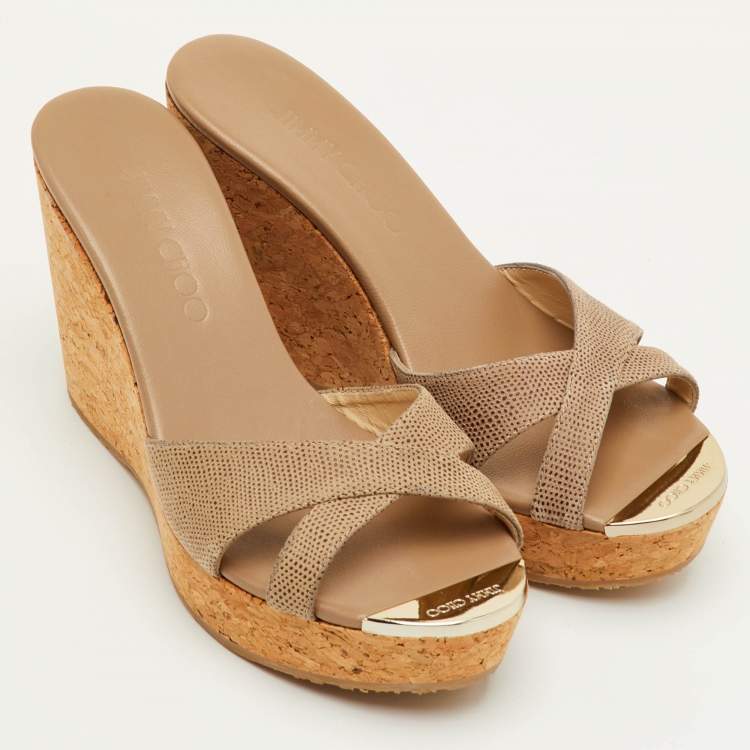 مملوكة مسبقًا Jimmy Choo Size 36 Brown Leather Cork Platform Wedge Slide Sandals