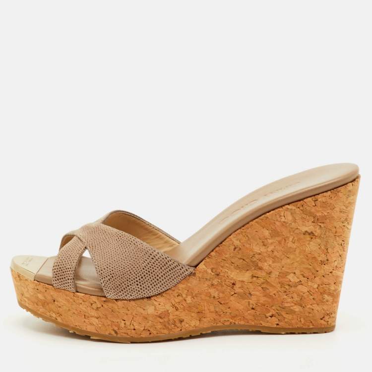 مملوكة مسبقًا Jimmy Choo Size 36 Brown Leather Cork Platform Wedge Slide Sandals