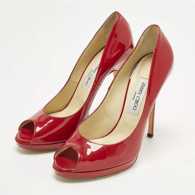Pre Owned Jimmy Choo Quiet Size 40.5 Red Patent Leather Peep Toe Pumps