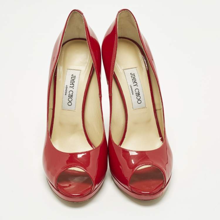 Pre Owned Jimmy Choo Quiet Size 40.5 Red Patent Leather Peep Toe Pumps
