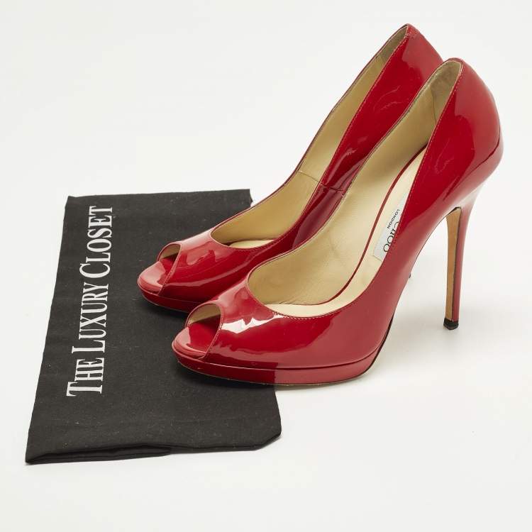 Pre Owned Jimmy Choo Quiet Size 40.5 Red Patent Leather Peep Toe Pumps