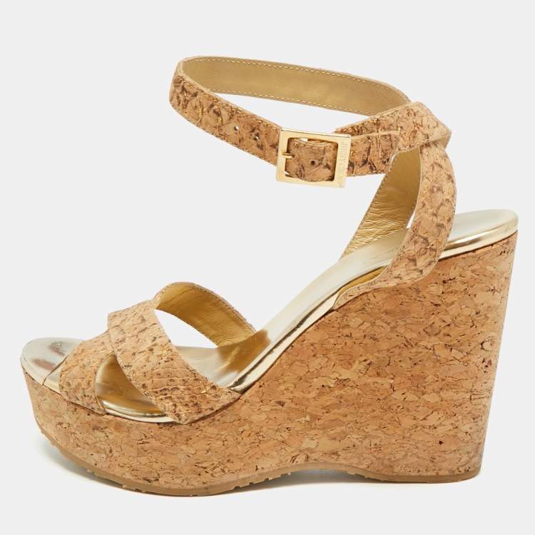 Pre Owned Jimmy Choo Papyrus Size 39.5 Beige Cork Ankle Strap Sandals