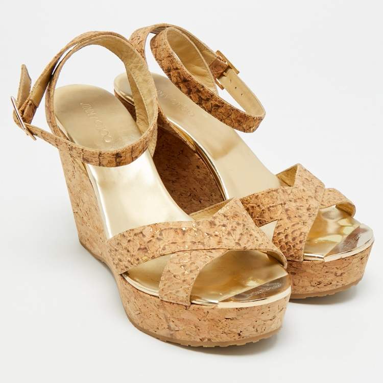 Pre Owned Jimmy Choo Papyrus Size 39.5 Beige Cork Ankle Strap Sandals