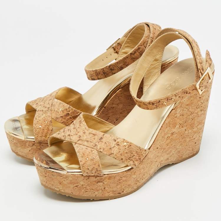 Pre Owned Jimmy Choo Papyrus Size 39.5 Beige Cork Ankle Strap Sandals