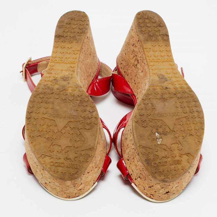 Pre Owned Jimmy Choo Panther Size 39 Red Patent Leather Cork Platform Ankle Strap Sandals