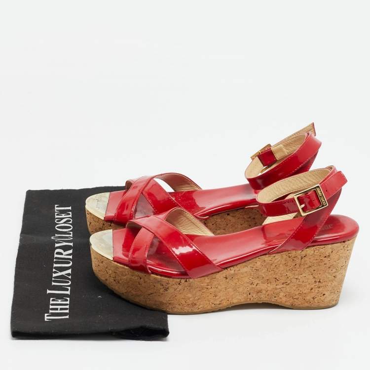 Pre Owned Jimmy Choo Panther Size 39 Red Patent Leather Cork Platform Ankle Strap Sandals