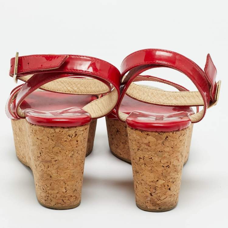 Pre Owned Jimmy Choo Panther Size 39 Red Patent Leather Cork Platform Ankle Strap Sandals