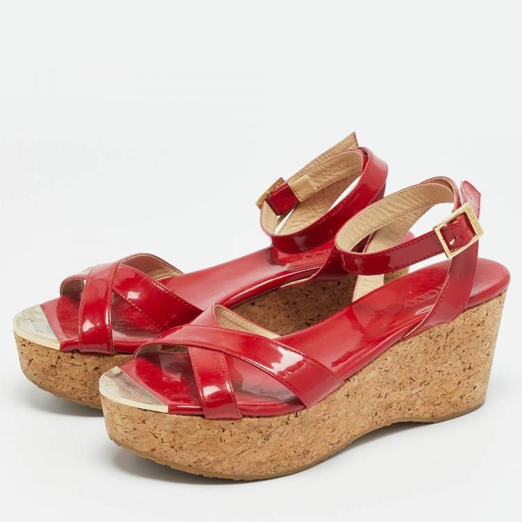 Pre Owned Jimmy Choo Panther Size 39 Red Patent Leather Cork Platform Ankle Strap Sandals