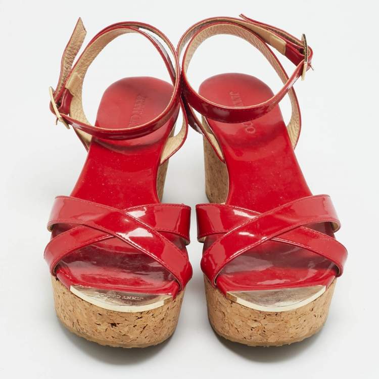 Pre Owned Jimmy Choo Panther Size 39 Red Patent Leather Cork Platform Ankle Strap Sandals
