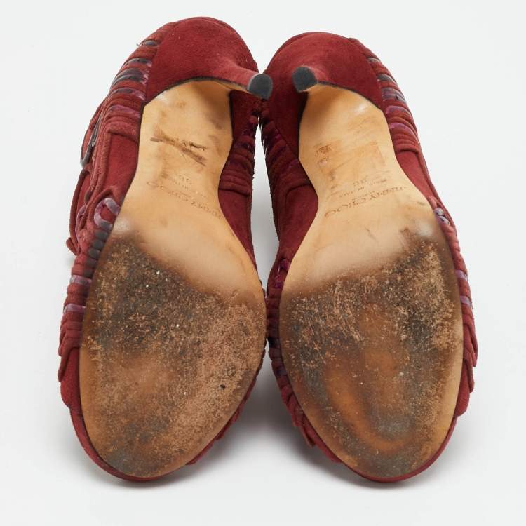 Pre Owned Jimmy Choo Kalipso Size 36 Burgundy Python Leather and Suede Cutout Ankle Length Boots