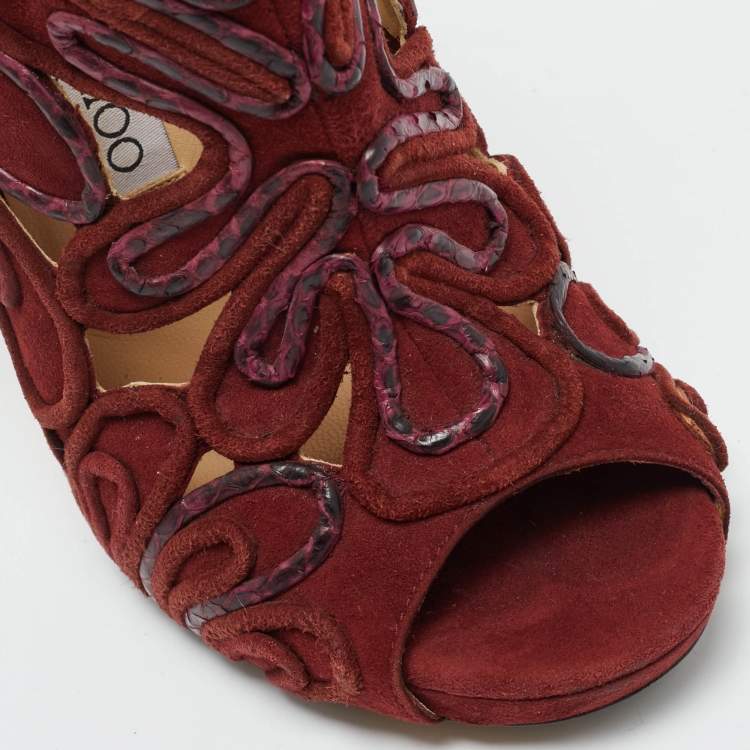 Pre Owned Jimmy Choo Kalipso Size 36 Burgundy Python Leather and Suede Cutout Ankle Length Boots