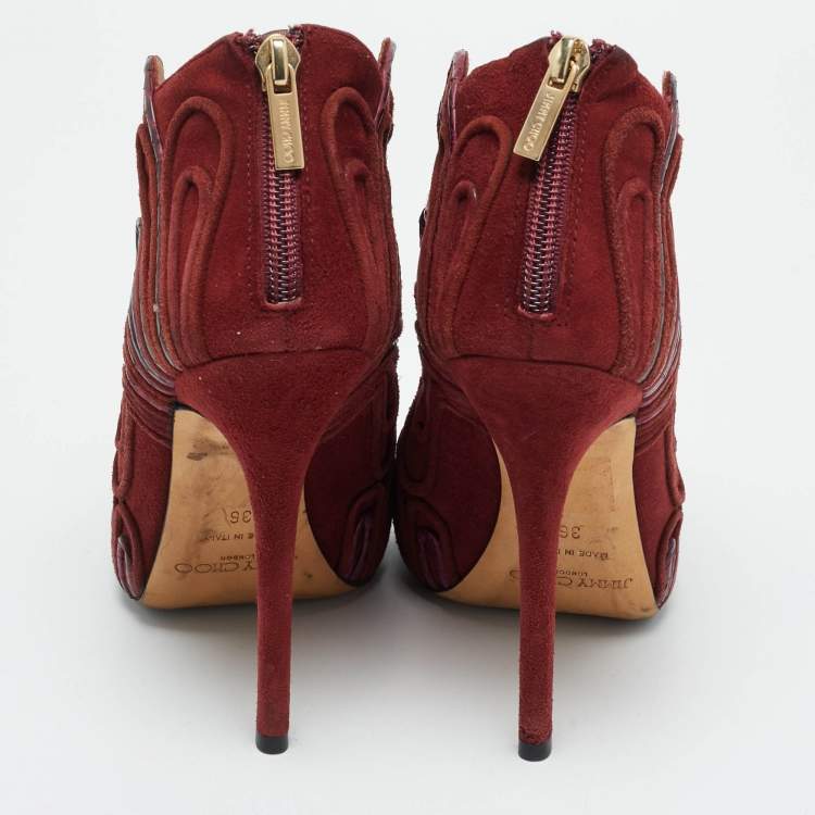Pre Owned Jimmy Choo Kalipso Size 36 Burgundy Python Leather and Suede Cutout Ankle Length Boots