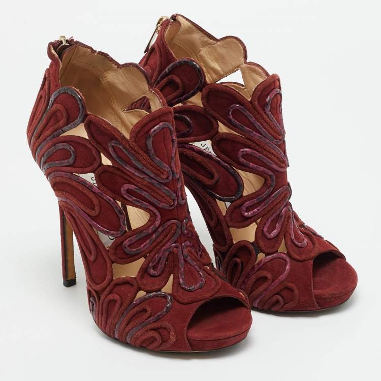 Pre Owned Jimmy Choo Kalipso Size 36 Burgundy Python Leather and Suede Cutout Ankle Length Boots