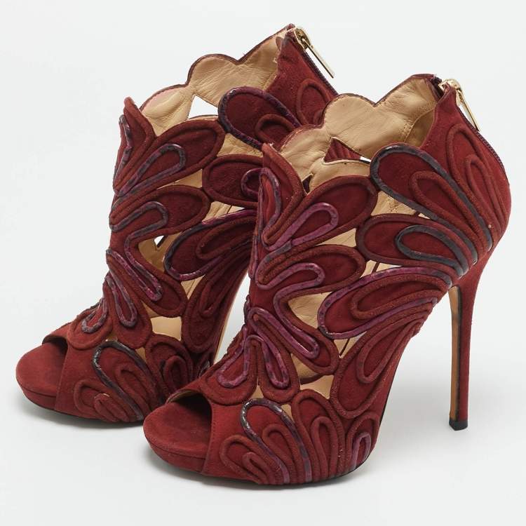 Pre Owned Jimmy Choo Kalipso Size 36 Burgundy Python Leather and Suede Cutout Ankle Length Boots