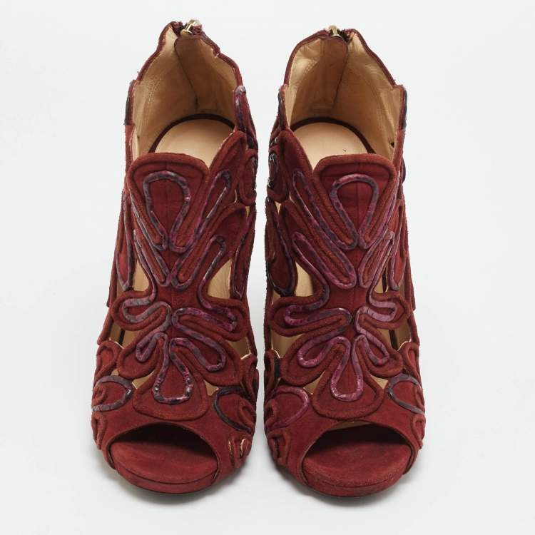 Pre Owned Jimmy Choo Kalipso Size 36 Burgundy Python Leather and Suede Cutout Ankle Length Boots