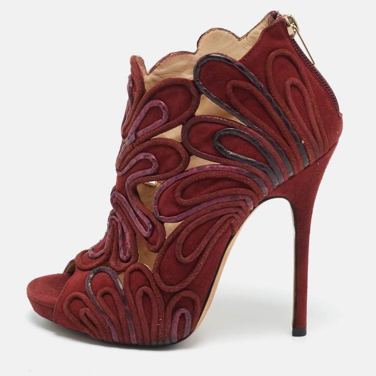 Pre Owned Jimmy Choo Kalipso Size 36 Burgundy Python Leather and Suede Cutout Ankle Length Boots