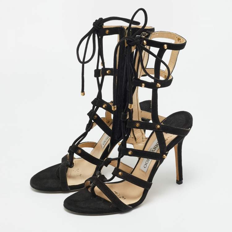 Pre Owned Jimmy Choo Meddle Size 37.5 Black Suede Gladiator Sandals