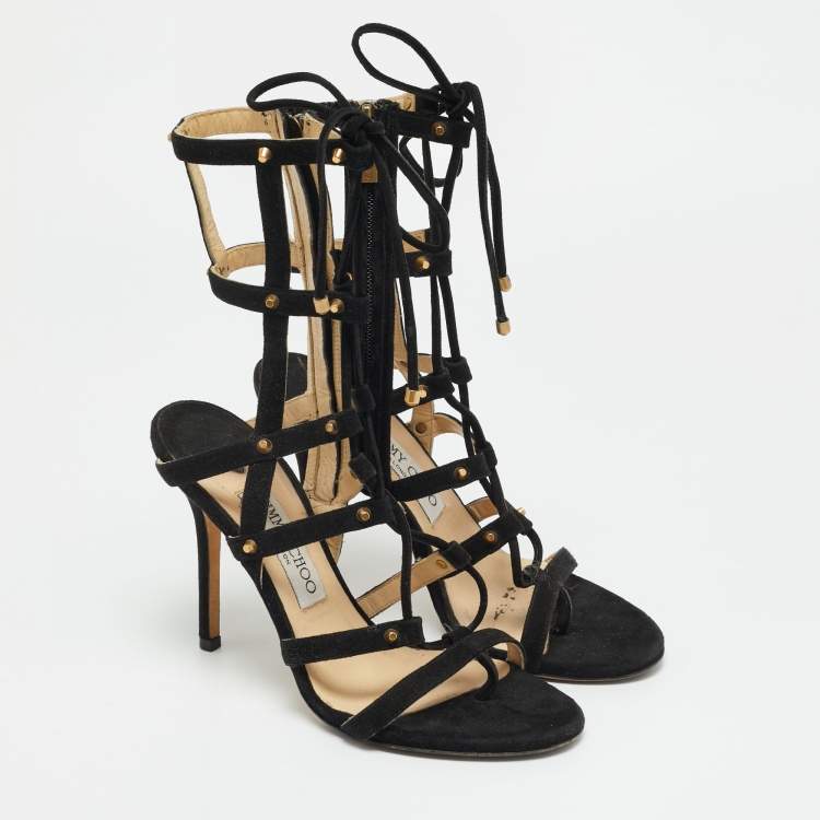 Pre Owned Jimmy Choo Meddle Size 37.5 Black Suede Gladiator Sandals