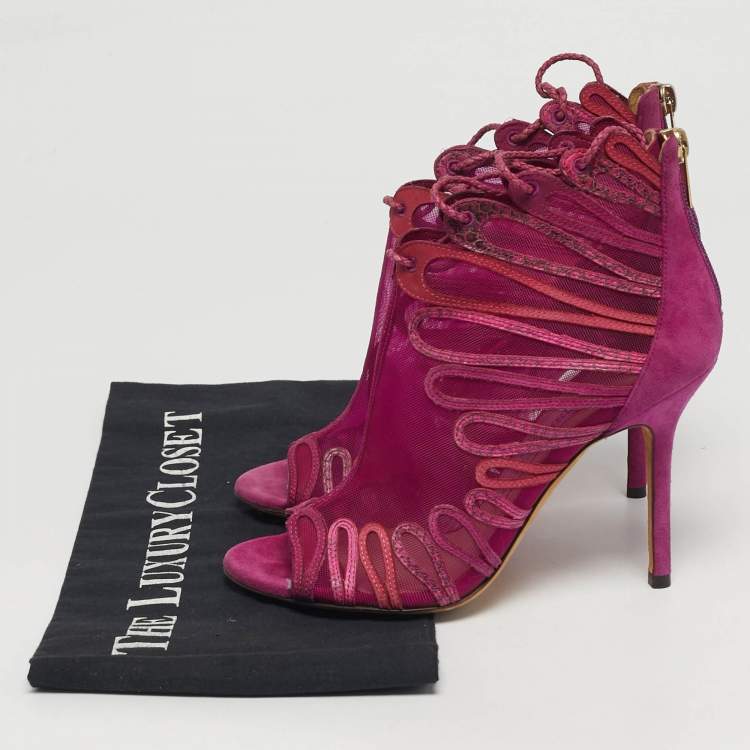 Pre Owned Jimmy Choo kafira Size 36 Purple Mesh and Suede Lace Up Ankle Length Boots