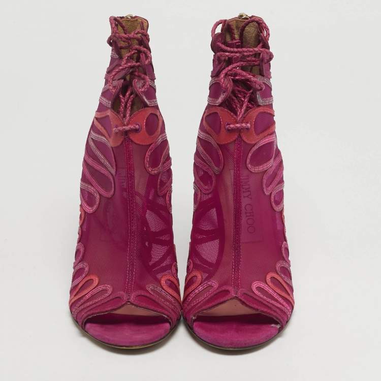 Pre Owned Jimmy Choo kafira Size 36 Purple Mesh and Suede Lace Up Ankle Length Boots
