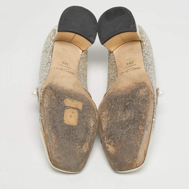 Pre Owned Jimmy Choo Elisa Size 38.5 Gold Glitter and Patent Leather Mary Jane Pumps