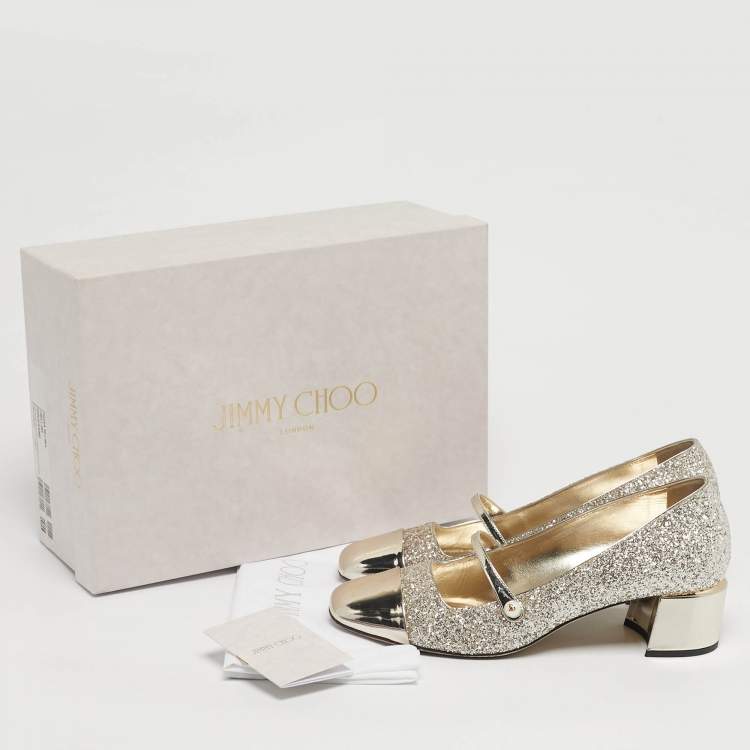 Pre Owned Jimmy Choo Elisa Size 38.5 Gold Glitter and Patent Leather Mary Jane Pumps