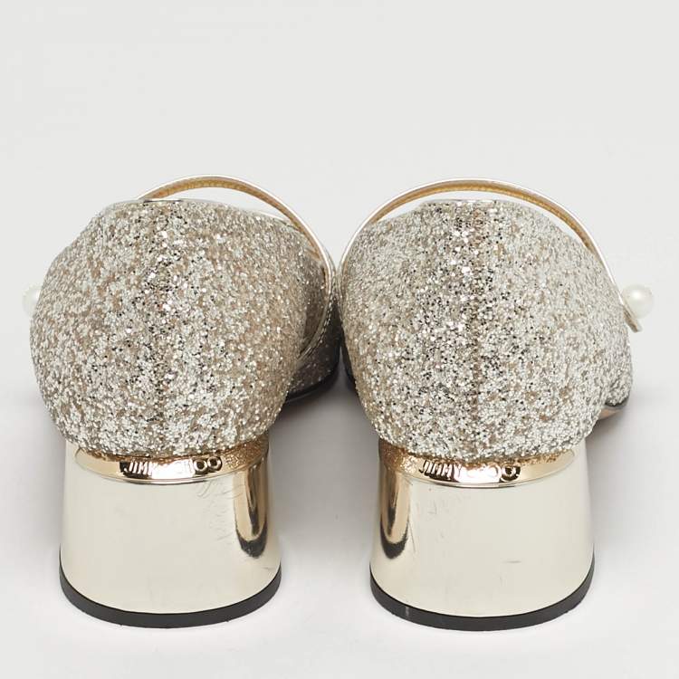 Pre Owned Jimmy Choo Elisa Size 38.5 Gold Glitter and Patent Leather Mary Jane Pumps