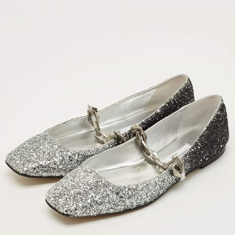 Pre Owned Jimmy Choo Diamond Size 38.5 Silver/Black Glitter Ballet Flats