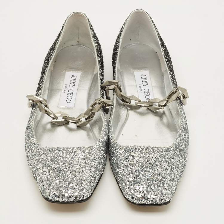 Pre Owned Jimmy Choo Diamond Size 38.5 Silver/Black Glitter Ballet Flats