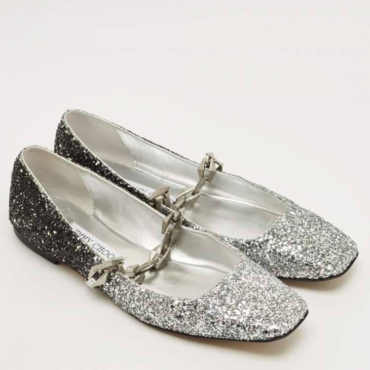 Pre Owned Jimmy Choo Diamond Size 38.5 Silver/Black Glitter Ballet Flats