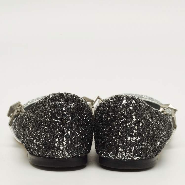 Pre Owned Jimmy Choo Diamond Size 38.5 Silver/Black Glitter Ballet Flats