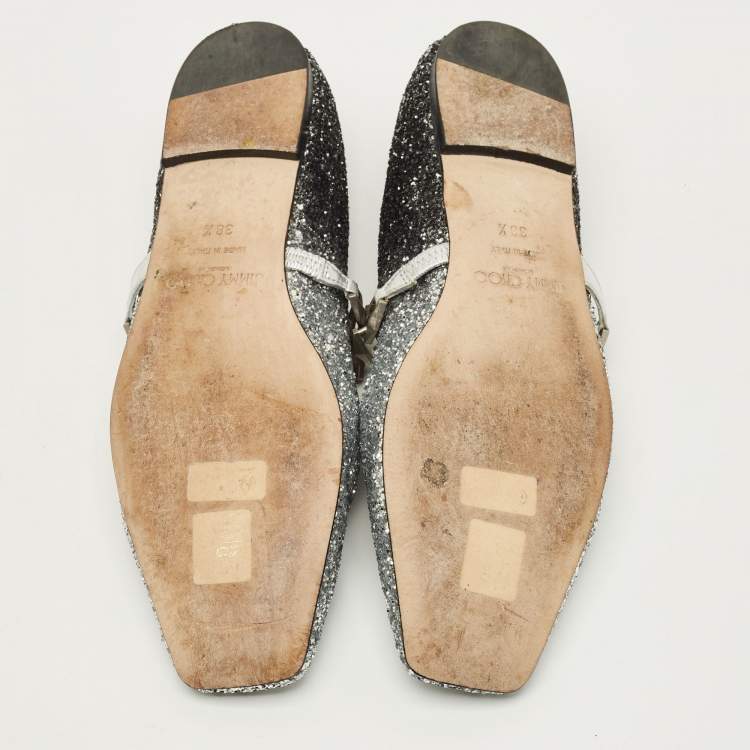 Pre Owned Jimmy Choo Diamond Size 38.5 Silver/Black Glitter Ballet Flats