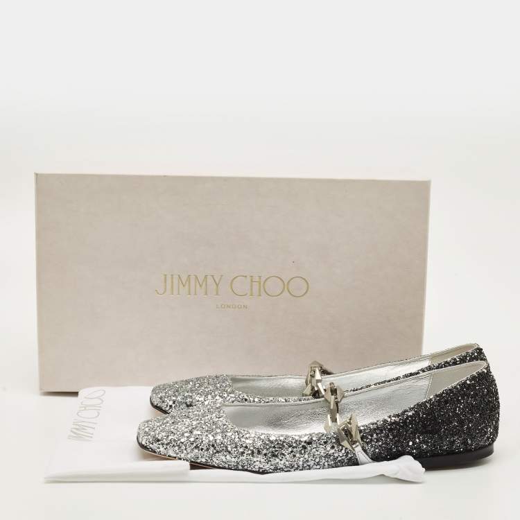 Pre Owned Jimmy Choo Diamond Size 38.5 Silver/Black Glitter Ballet Flats