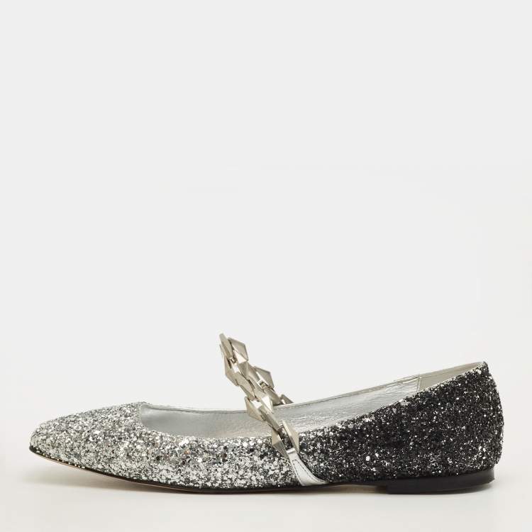 Pre Owned Jimmy Choo Diamond Size 38.5 Silver/Black Glitter Ballet Flats