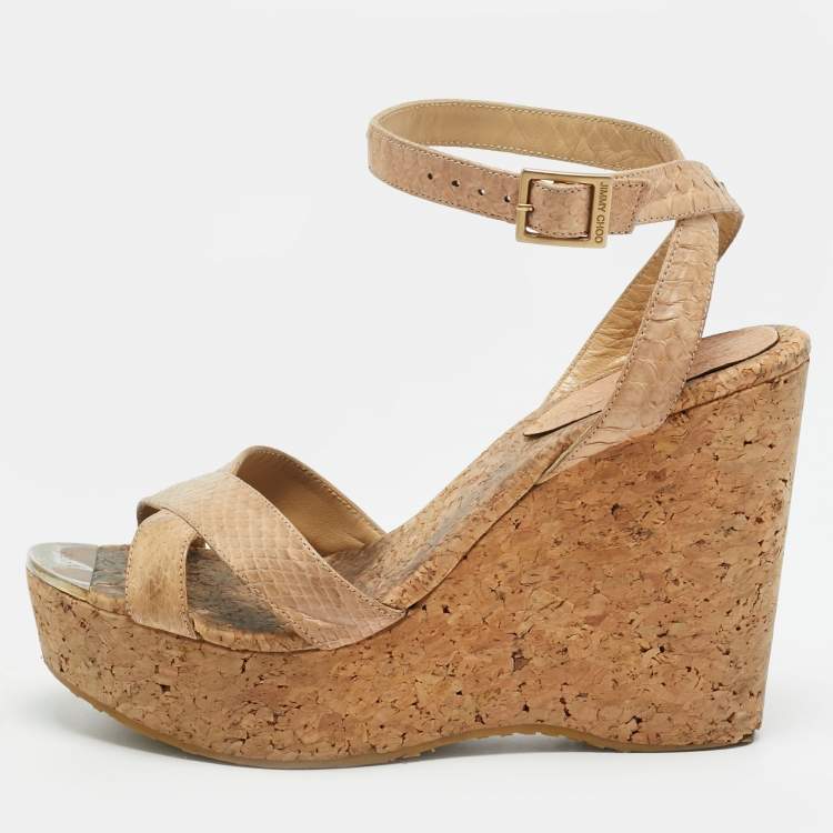 مملوكة مسبقًا Jimmy Choo Papyrus Size 39 Beige Python Leather Ankle Strap Sandals