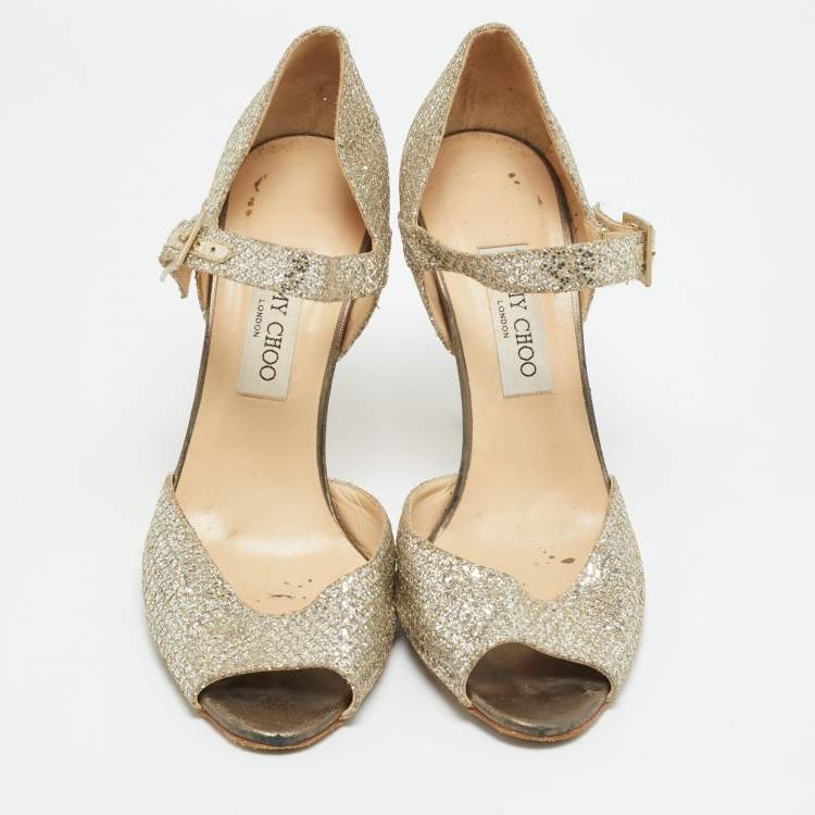 Pre Owned Jimmy Choo Size 40.5 Gold Glitter and Leather Peep Toe Ankle Strap Pumps