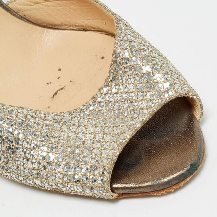 Pre Owned Jimmy Choo Size 40.5 Gold Glitter and Leather Peep Toe Ankle Strap Pumps