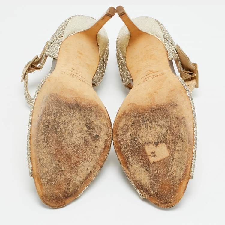 Pre Owned Jimmy Choo Size 40.5 Gold Glitter and Leather Peep Toe Ankle Strap Pumps