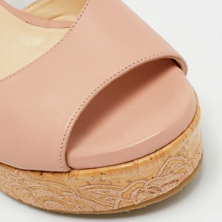 Pre Owned Jimmy Choo Patara Size 39 Pink Leather Embroidered cork Wedge Sandals