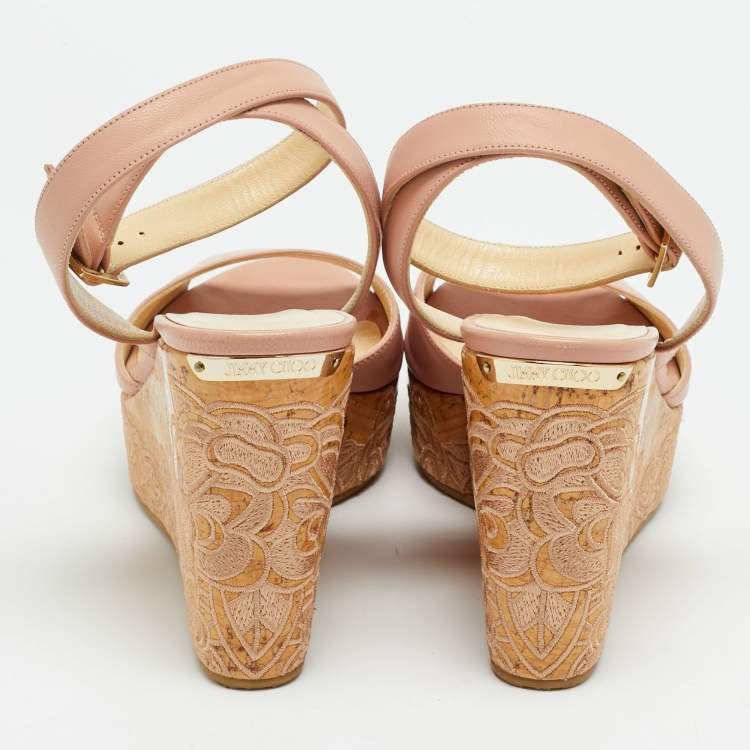 Pre Owned Jimmy Choo Patara Size 39 Pink Leather Embroidered cork Wedge Sandals