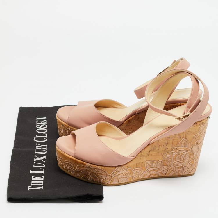 Pre Owned Jimmy Choo Patara Size 39 Pink Leather Embroidered cork Wedge Sandals