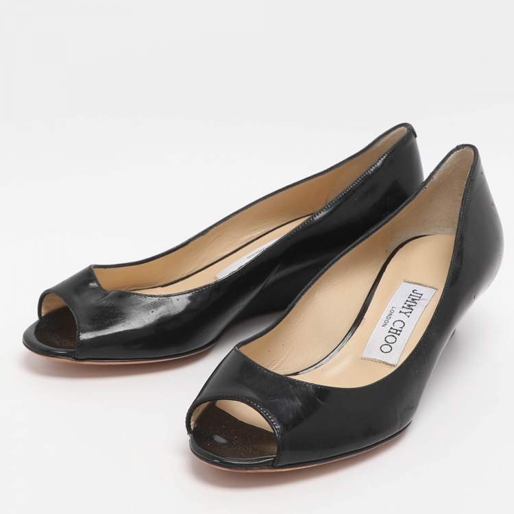 Pre Owned Jimmy Choo Baxen Size 37 Black Patent Leather Peep Toe Pumps