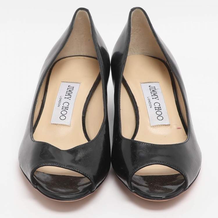 Pre Owned Jimmy Choo Baxen Size 37 Black Patent Leather Peep Toe Pumps