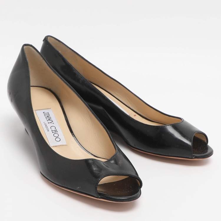 Pre Owned Jimmy Choo Baxen Size 37 Black Patent Leather Peep Toe Pumps