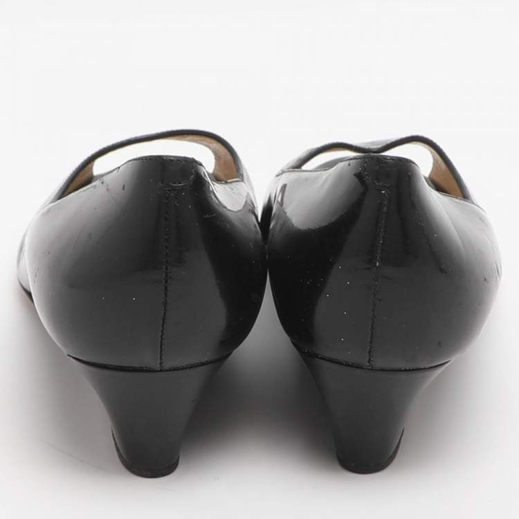 Pre Owned Jimmy Choo Baxen Size 37 Black Patent Leather Peep Toe Pumps