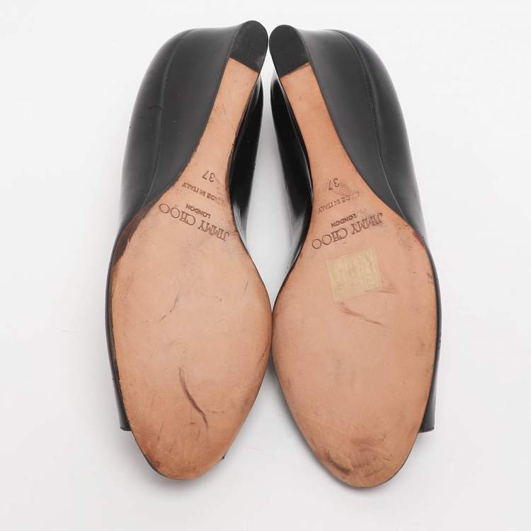 Pre Owned Jimmy Choo Baxen Size 37 Black Patent Leather Peep Toe Pumps