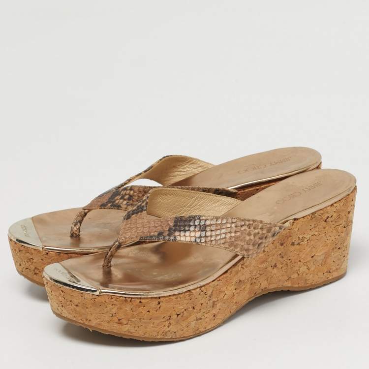 Pre Owned Jimmy Choo Size 41 Brown Python Embossed Leather Cork Wedge Thong Sandals